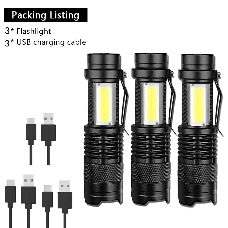 Mini Portable Flashlight Q5 COB Strong Light Zoom 3 Modes Torch Built In Battery USB Rechargeable Lamp Outdoor Camping Lantern