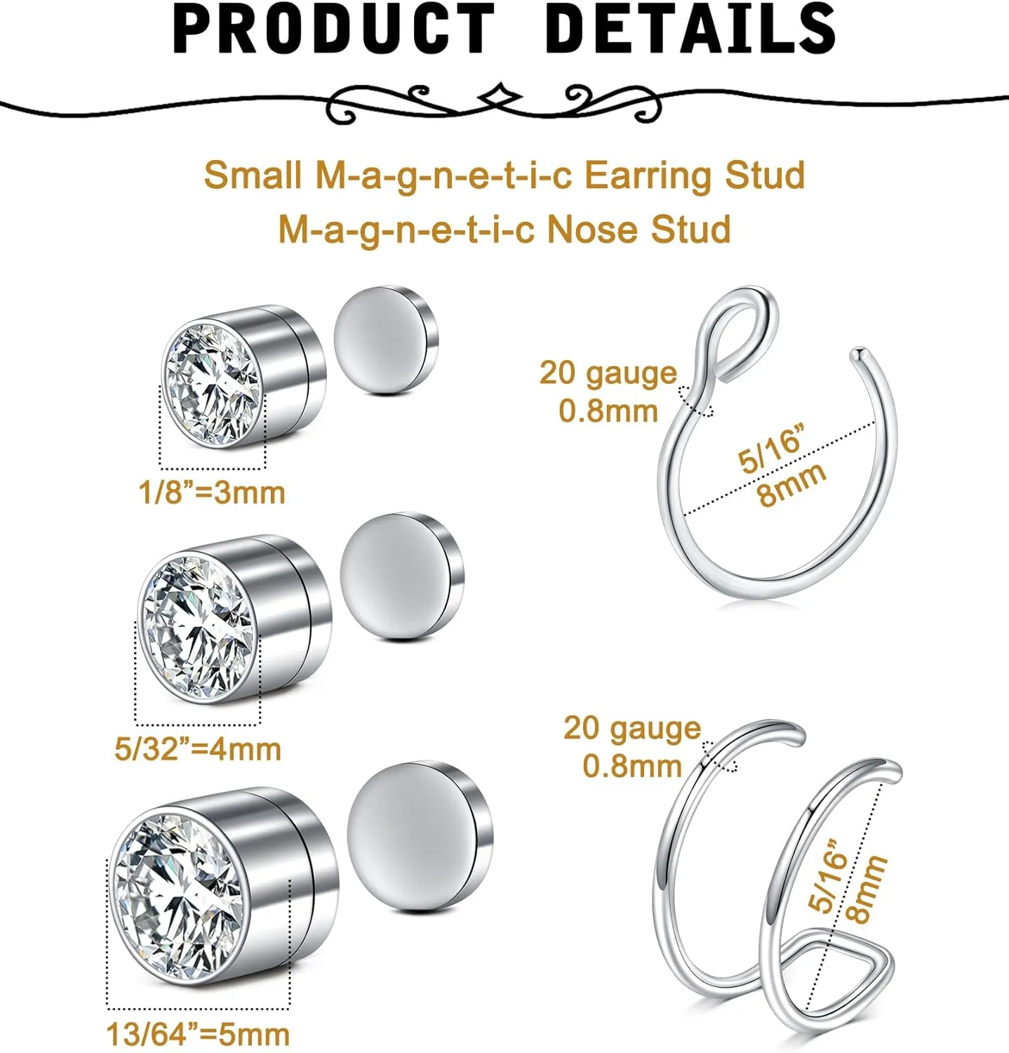 MODRSA Fake Nose Stud & Ring - Clip on, Lip & Eyebrow Piercing - Silver & Gold