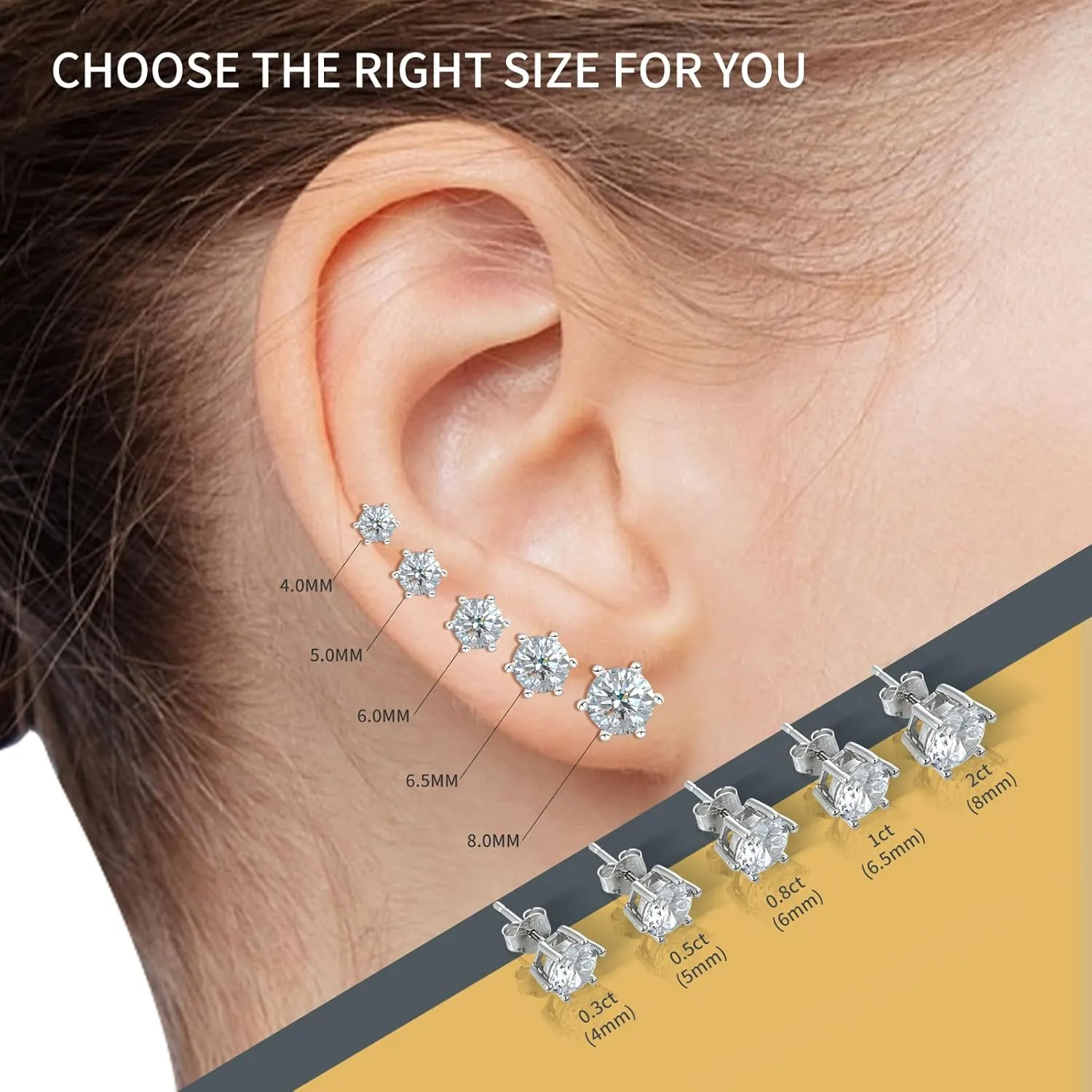 Moissanite Stud Earrings for Women Men 0.6-4ct, 18K Yellow Gold Plated 925 Sterling Silver Mens Stud Earrings, Hypoallergenic Round Cut Earrings Lab Created VVS1 Faux Diamond Stud Push Back