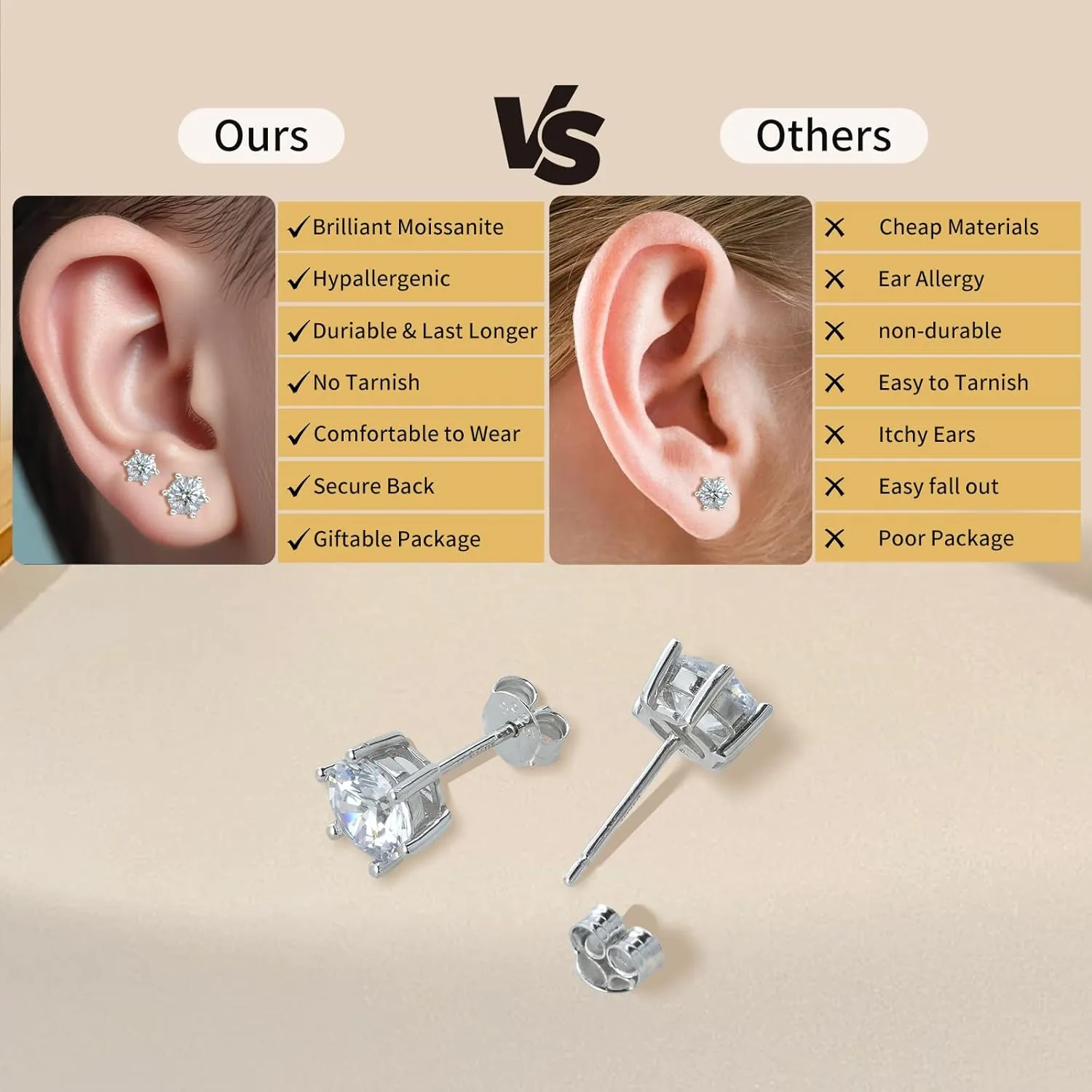 Moissanite Stud Earrings for Women Men 0.6-4ct, 18K Yellow Gold Plated 925 Sterling Silver Mens Stud Earrings, Hypoallergenic Round Cut Earrings Lab Created VVS1 Faux Diamond Stud Push Back