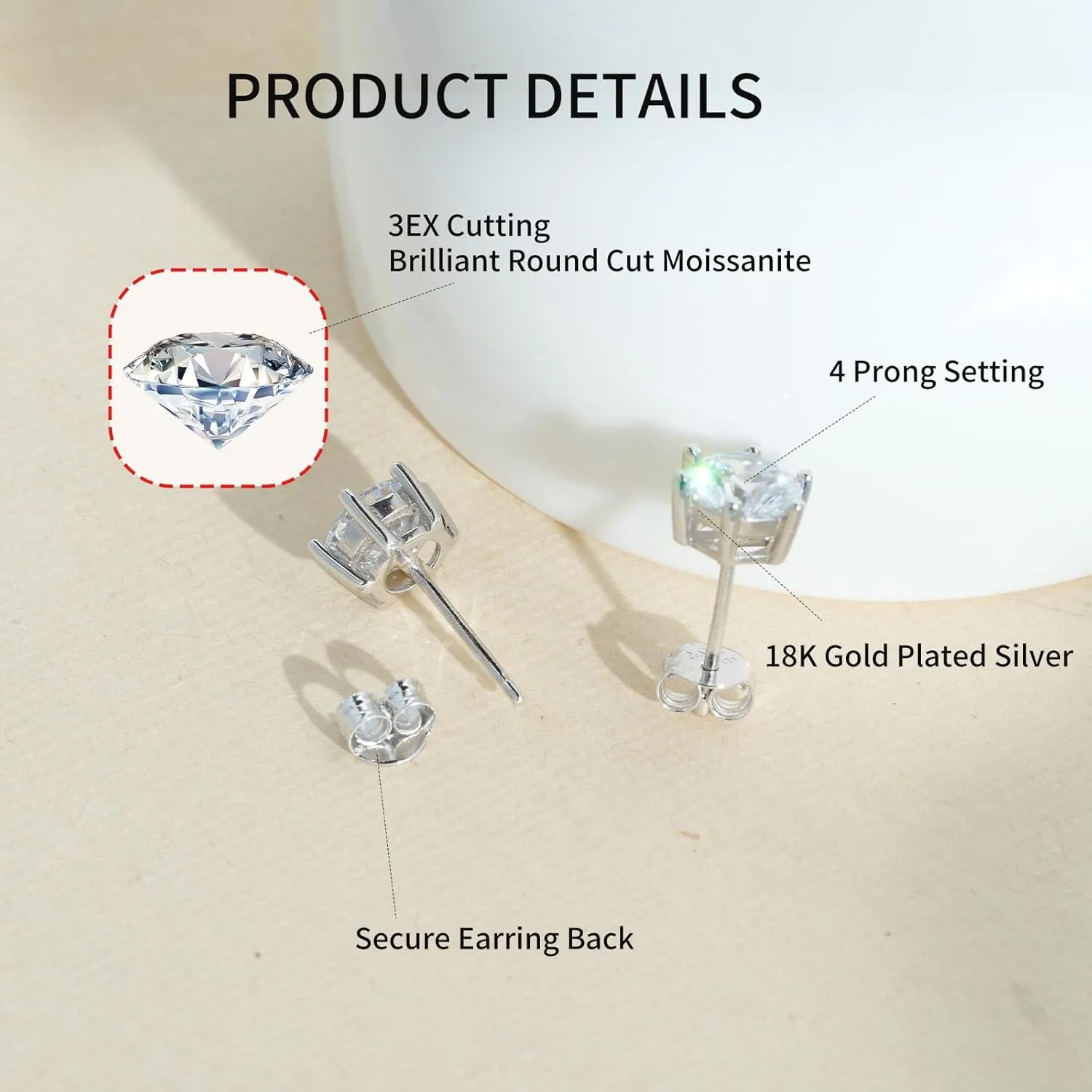 Moissanite Stud Earrings for Women Men 0.6-4ct, 18K Yellow Gold Plated 925 Sterling Silver Mens Stud Earrings, Hypoallergenic Round Cut Earrings Lab Created VVS1 Faux Diamond Stud Push Back