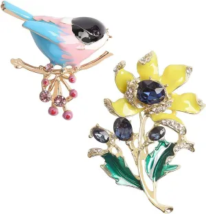 Opexicos 2Pcs Creative Design Multicolor Bird Brooch Pins Enamel Animal Hummingbird Brooches and Yellow Enamel Flower Brooches