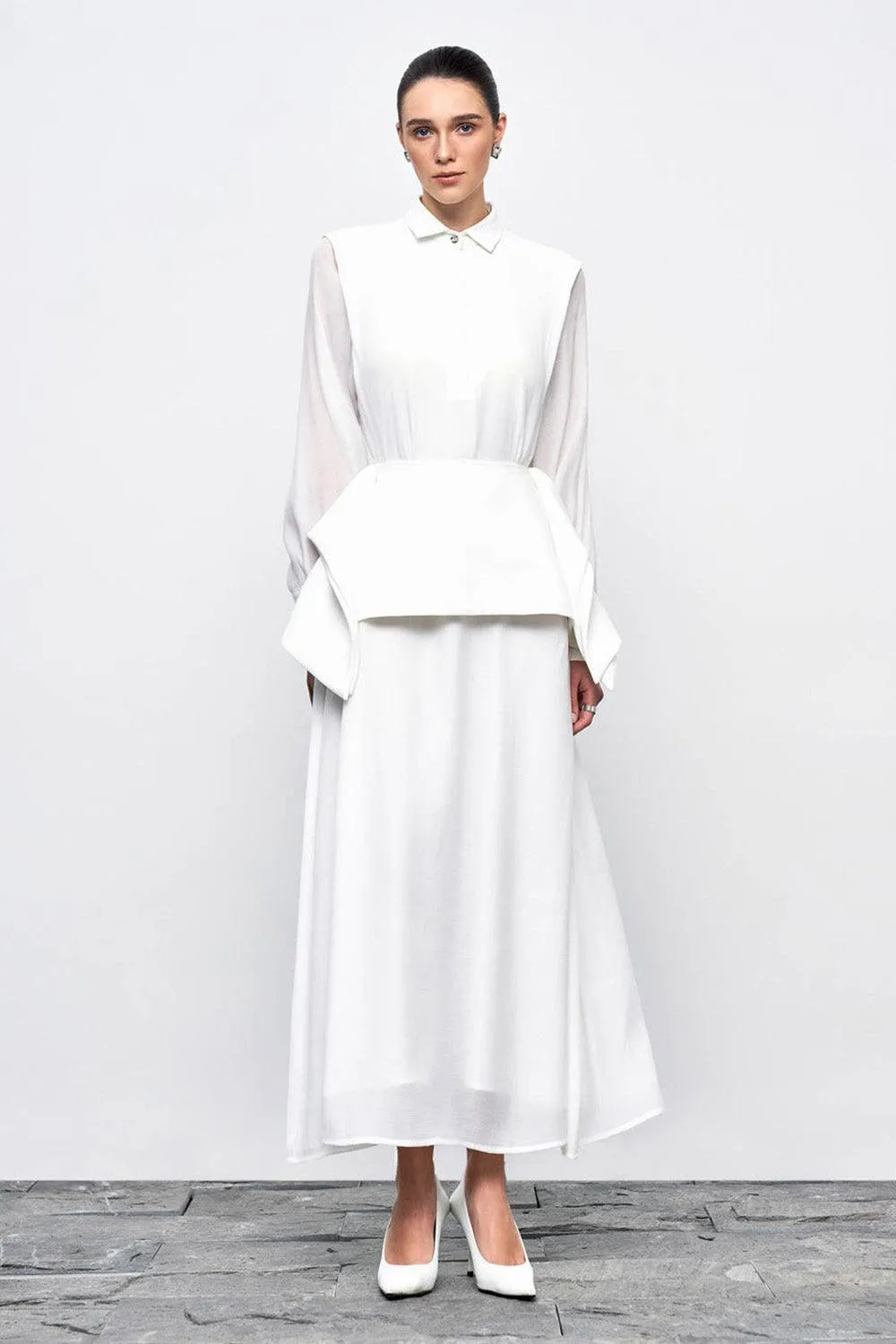 Ophelia Peplum Cuff Sleeved Crinkle Chiffon Ankle Length Dress