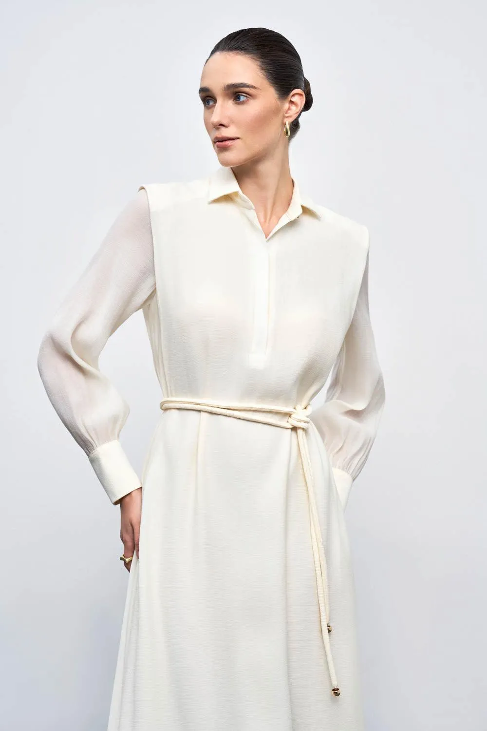 Ophelia Peplum Cuff Sleeved Crinkle Chiffon Ankle Length Dress