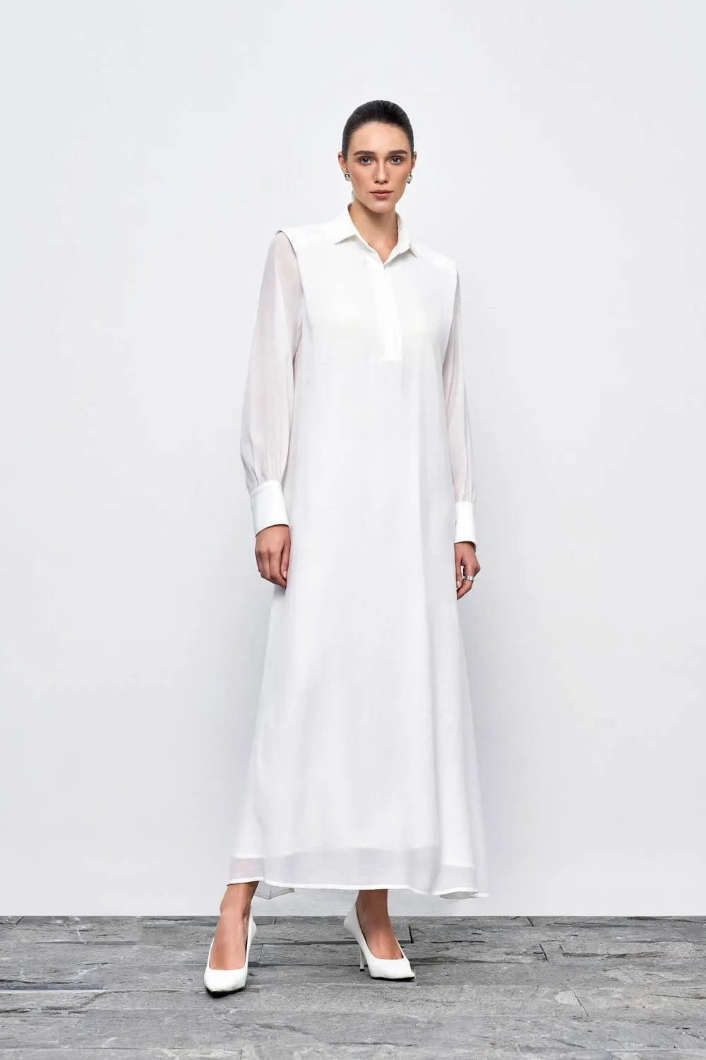 Ophelia Peplum Cuff Sleeved Crinkle Chiffon Ankle Length Dress