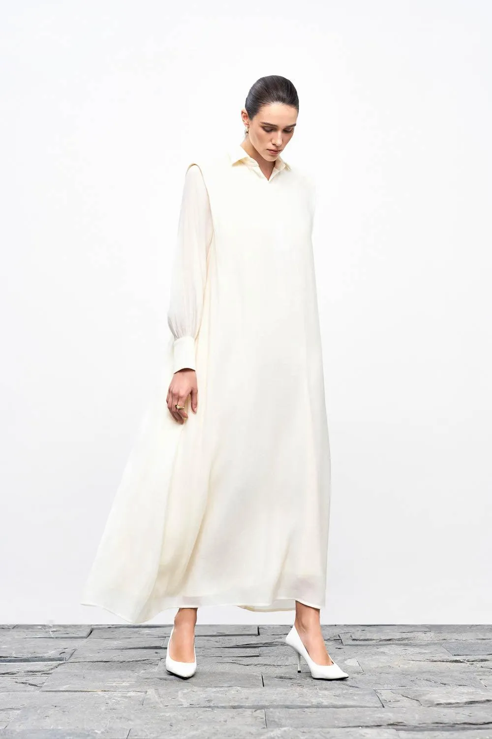 Ophelia Peplum Cuff Sleeved Crinkle Chiffon Ankle Length Dress