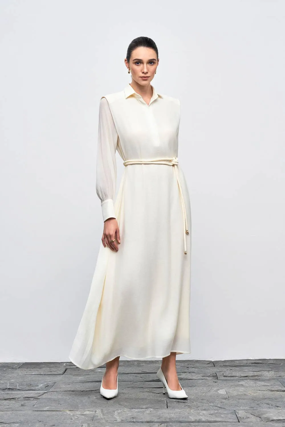 Ophelia Peplum Cuff Sleeved Crinkle Chiffon Ankle Length Dress
