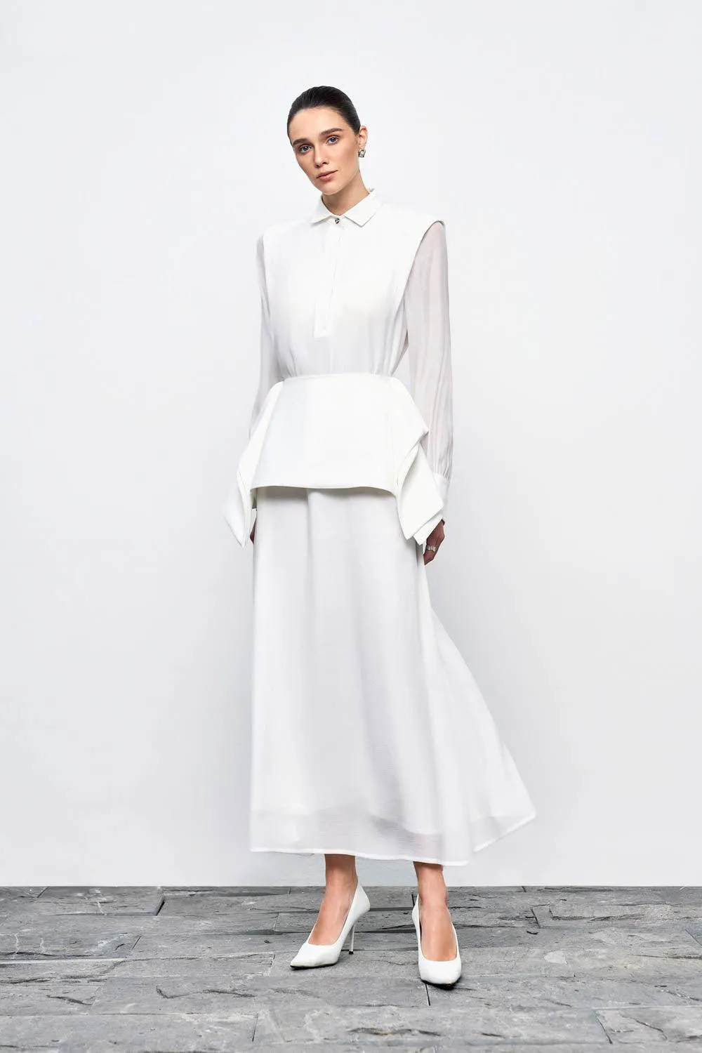 Ophelia Peplum Cuff Sleeved Crinkle Chiffon Ankle Length Dress