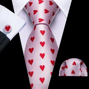 Pink and Red Heart Pattern Tie, Pocket Square, and Cufflinks Set