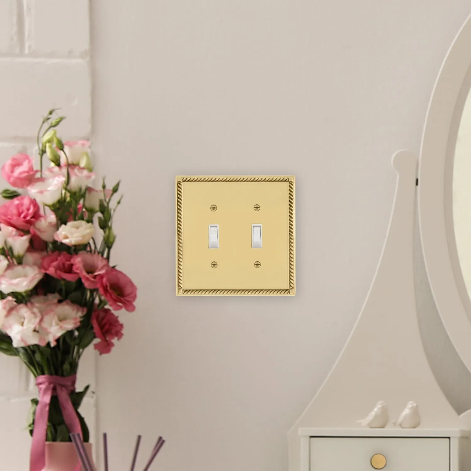 Rope Switch Plate with Double Toggle in Unlacquered Brass