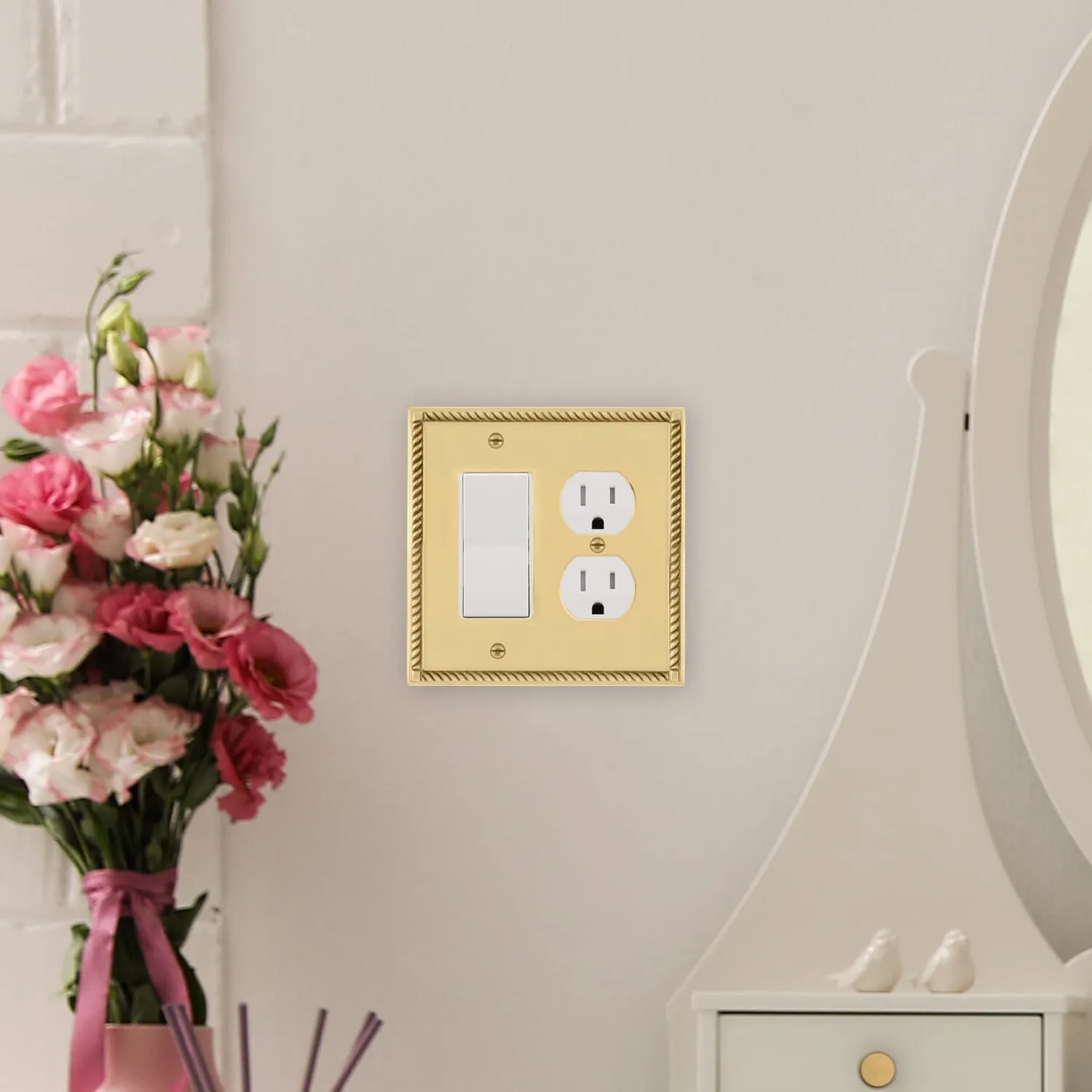 Rope Switch Plate with Rocker and Outlet in Unlacquered Brass