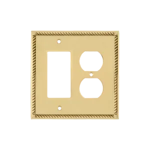 Rope Switch Plate with Rocker and Outlet in Unlacquered Brass