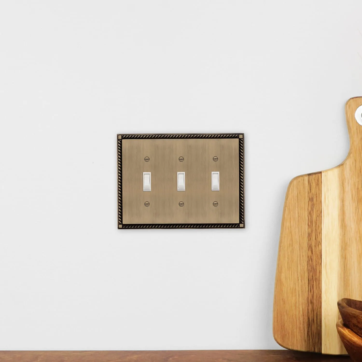 Rope Switch Plate with Triple Toggle in Antique Brass