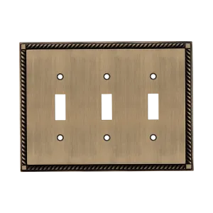Rope Switch Plate with Triple Toggle in Antique Brass