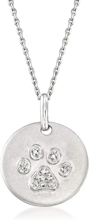 Ross-Simons Diamond Paw Print Disc Pendant Necklace in Sterling Silver. 16 inches