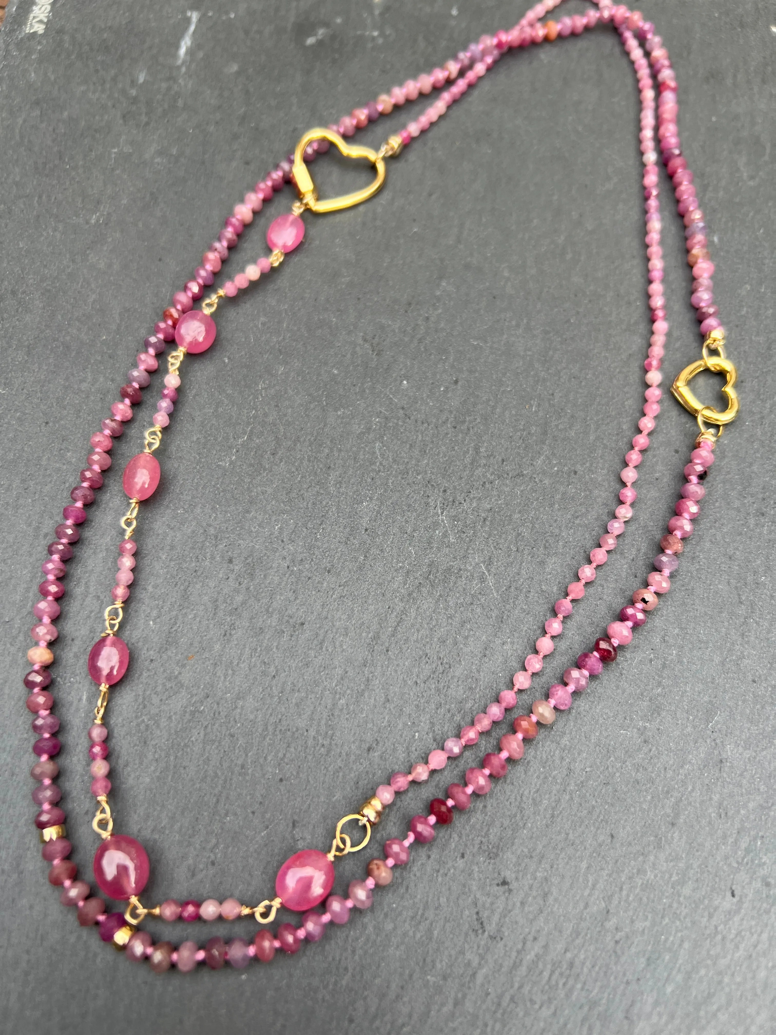 Ruby & Ruby Station Necklace with Golden Heart Connector