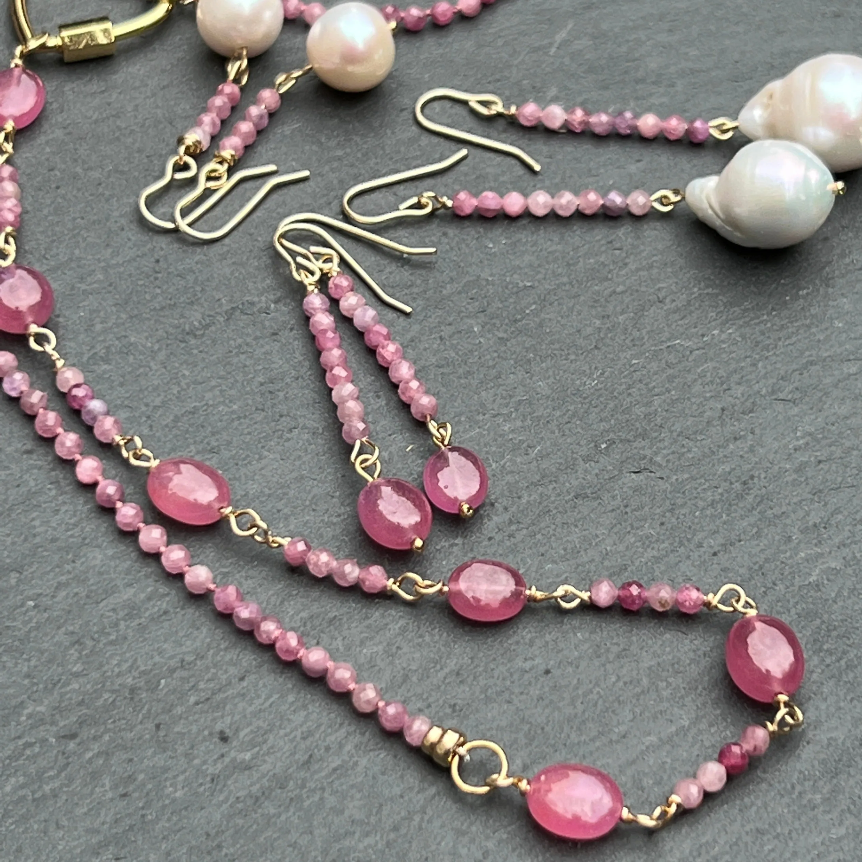 Ruby & Ruby Station Necklace with Golden Heart Connector