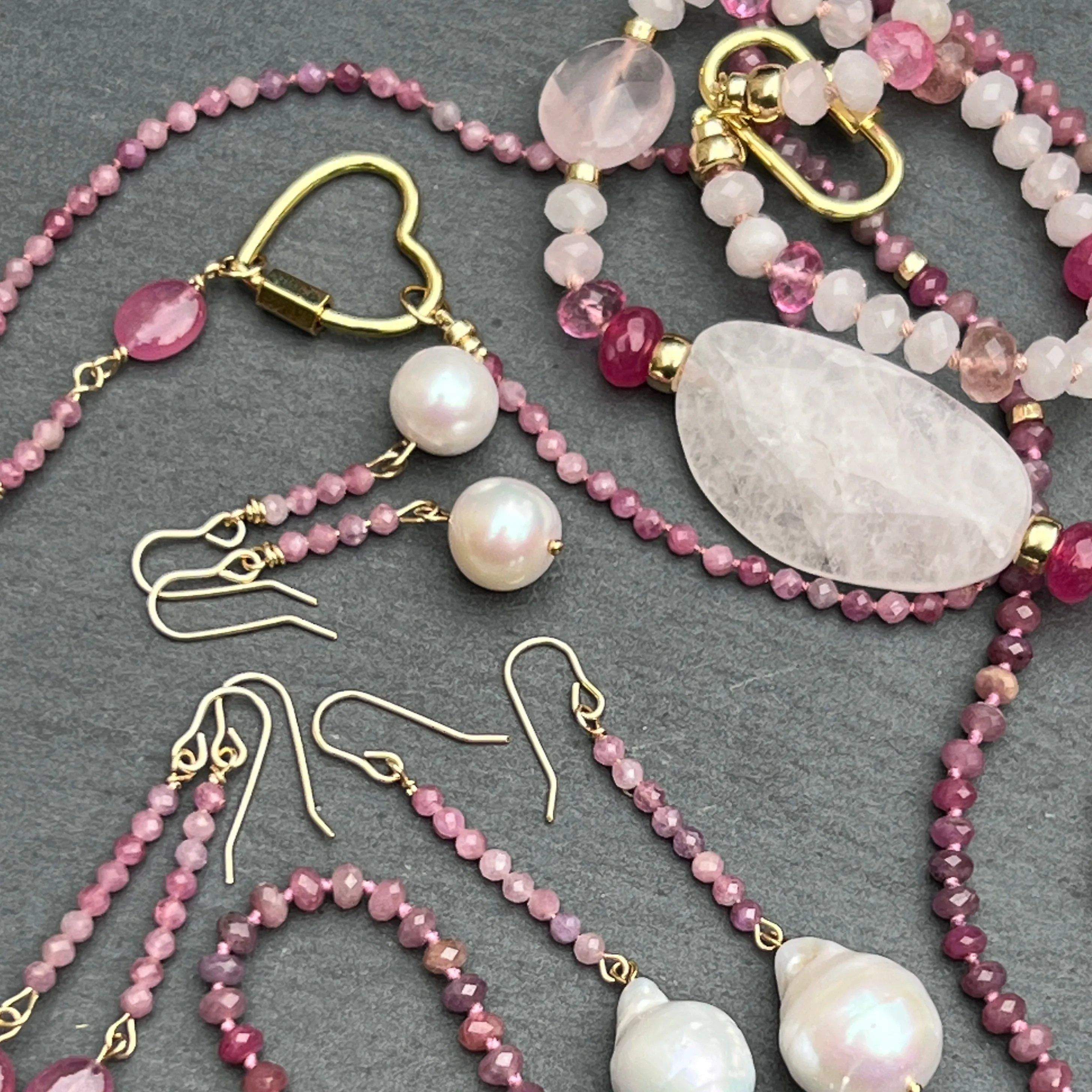 Ruby & Ruby Station Necklace with Golden Heart Connector