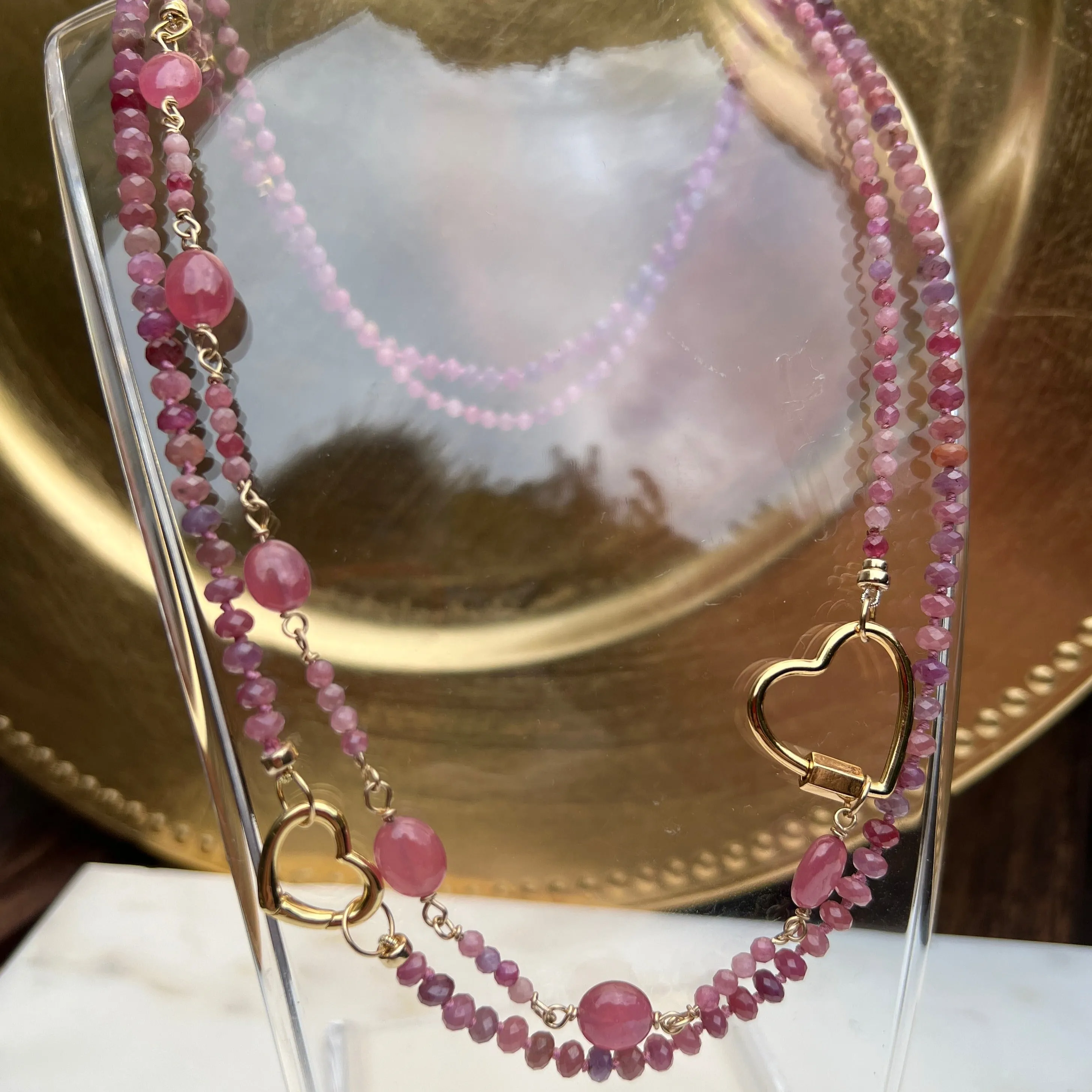 Ruby & Ruby Station Necklace with Golden Heart Connector