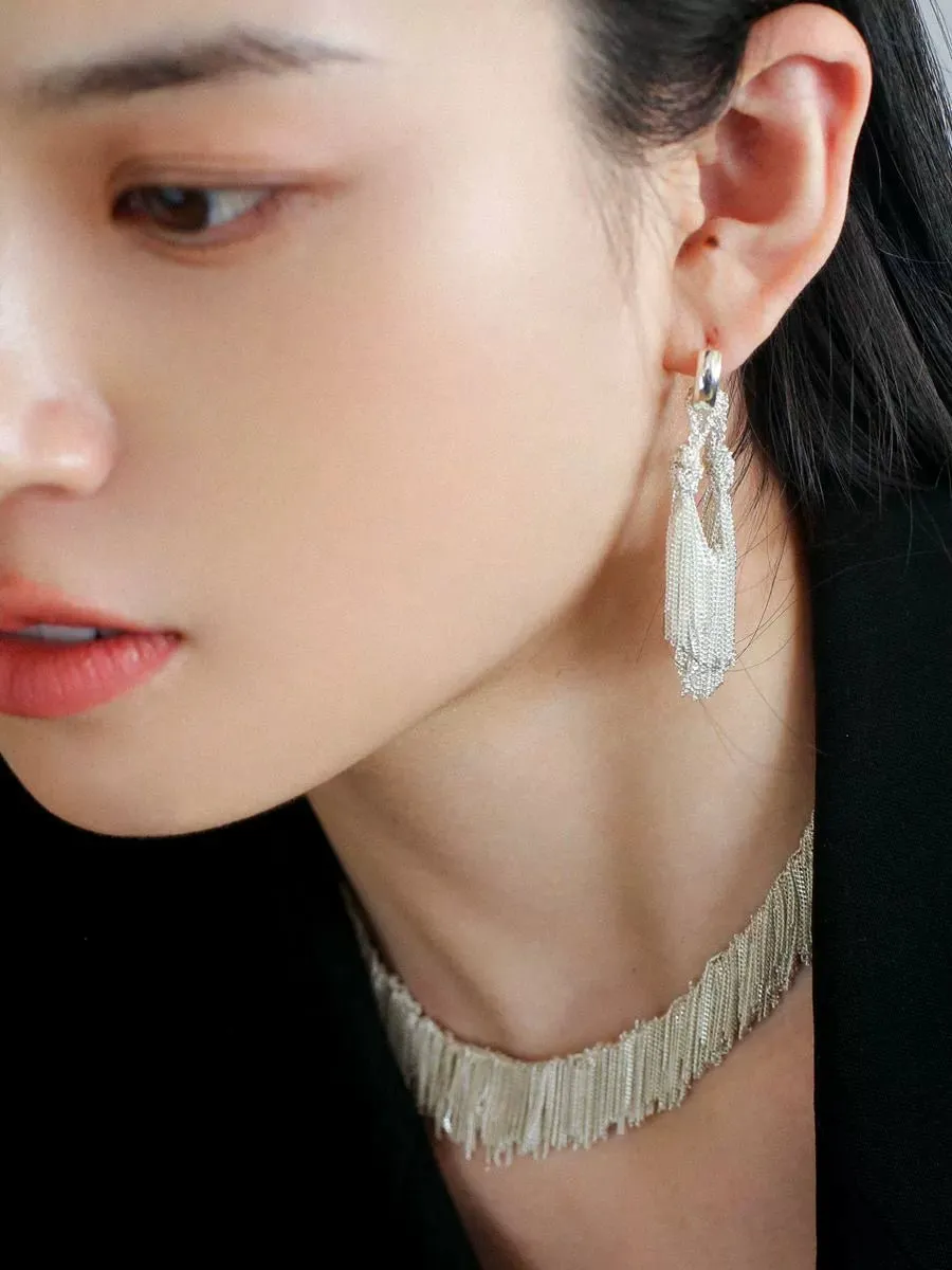 Shining Galaxy Waterfall Tassel Silver Drop Hoop Earrings