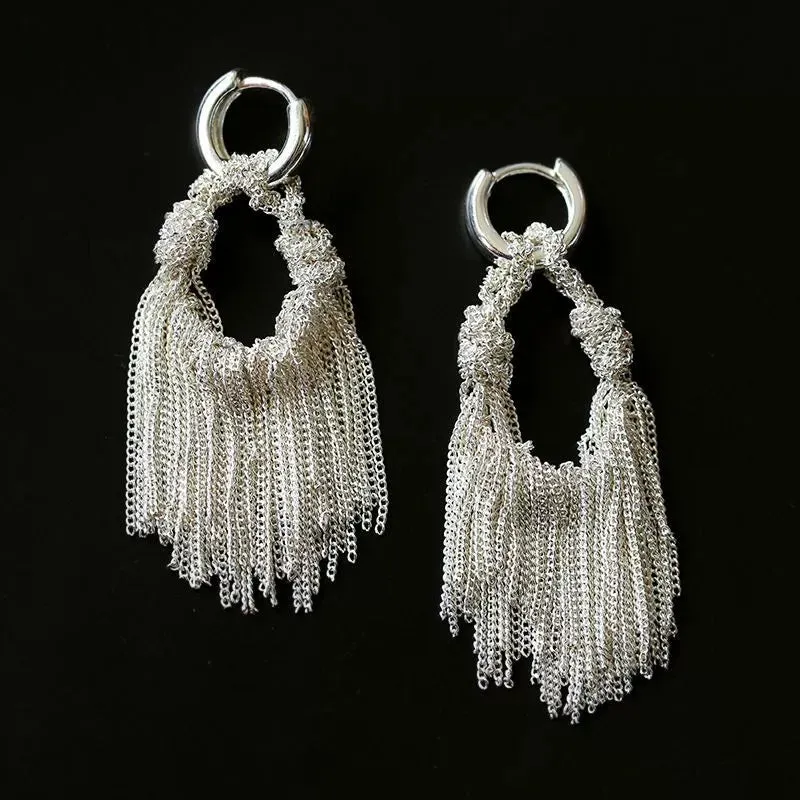 Shining Galaxy Waterfall Tassel Silver Drop Hoop Earrings