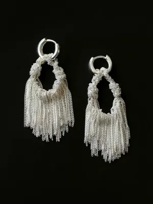 Shining Galaxy Waterfall Tassel Silver Drop Hoop Earrings
