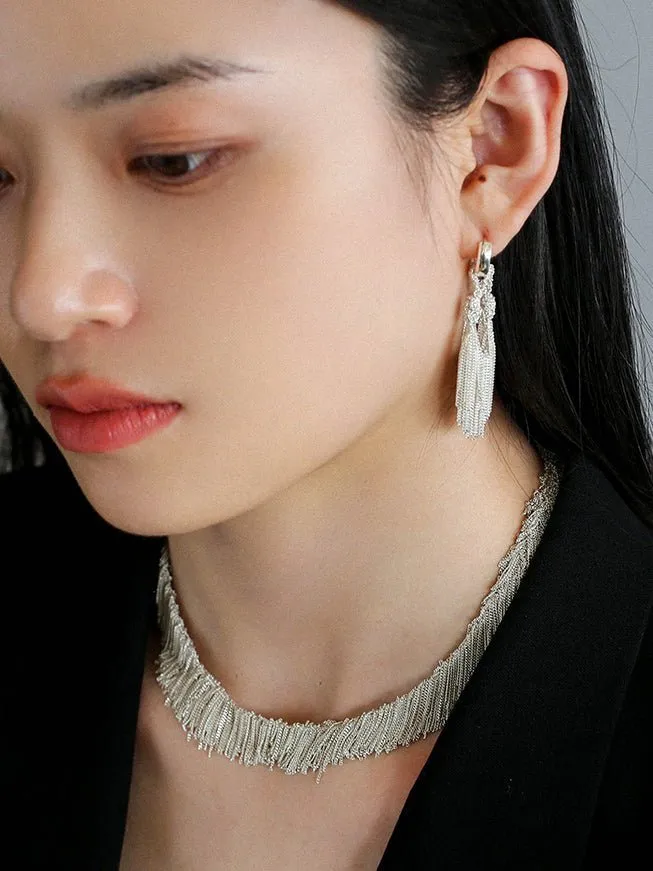 Shining Galaxy Waterfall Tassel Silver Drop Hoop Earrings