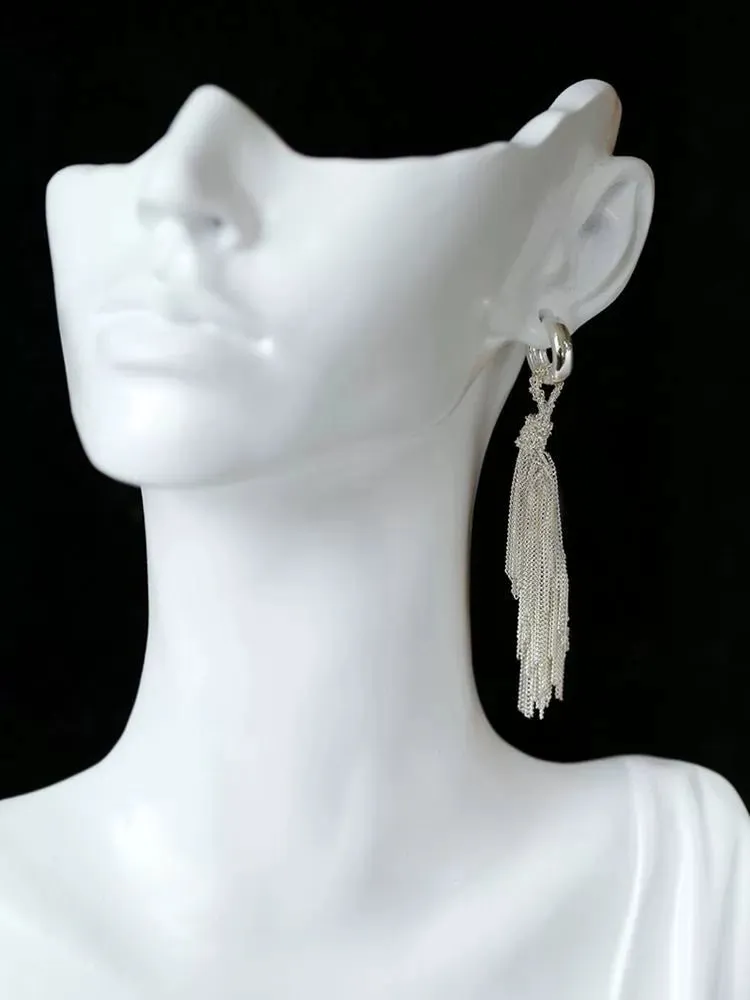 Shining Galaxy Waterfall Tassel Silver Drop Hoop Earrings
