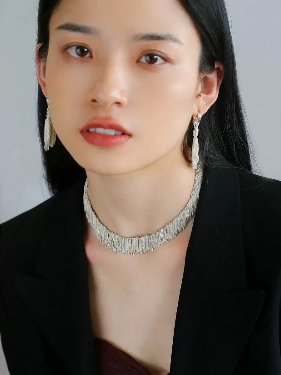 Shining Galaxy Waterfall Tassel Silver Drop Hoop Earrings