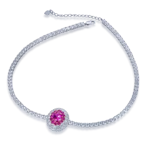 Soleste Halo Oval Lab-Created Ruby Pendant Moissanite Sterling Silver Necklace
