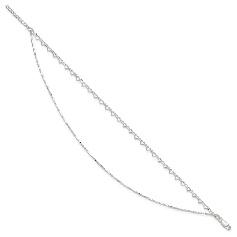 Sterling Silver Polished Double Strand Hearts 9in Plus 1in ext Anklet
