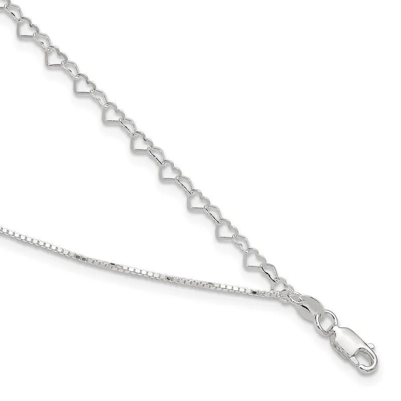 Sterling Silver Polished Double Strand Hearts 9in Plus 1in ext Anklet