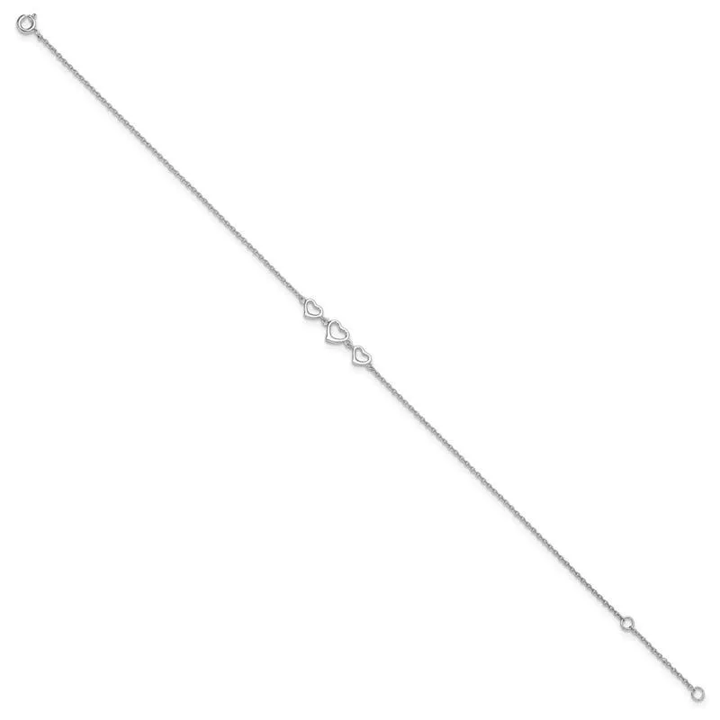 Sterling Silver Rhodium-plated 10 in Plus1 in ext Three Hearts Anklet