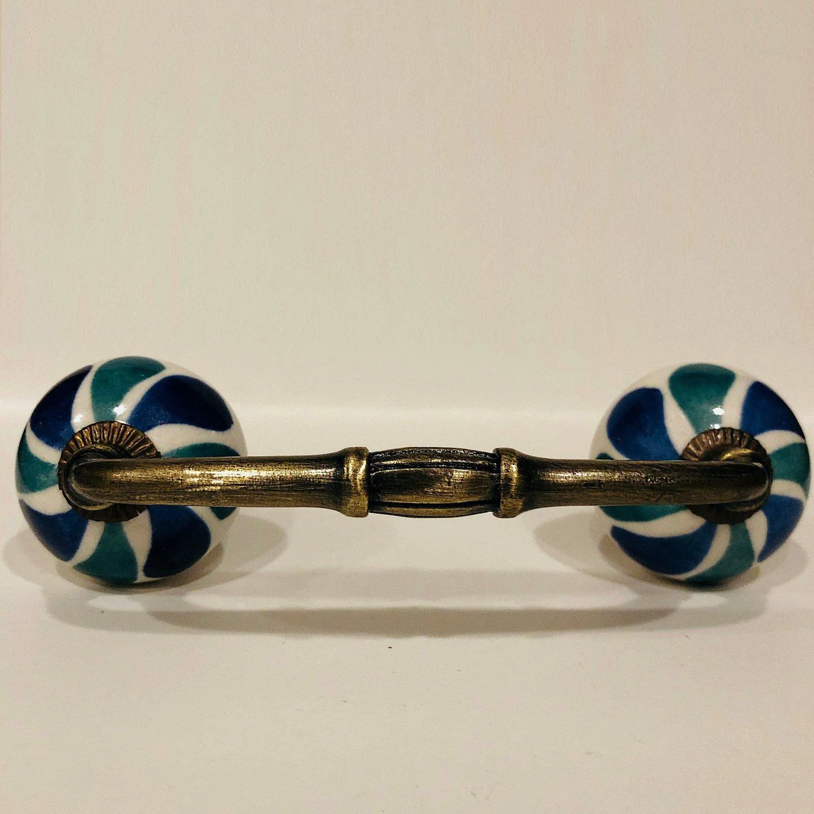 Teal / Blue Green on White Porcelain Cabinet Knobs Drawer Handles 1.50 Inch