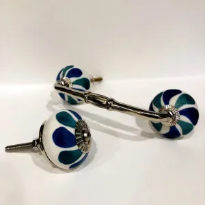 Teal / Blue Green on White Porcelain Cabinet Knobs Drawer Handles 1.50 Inch