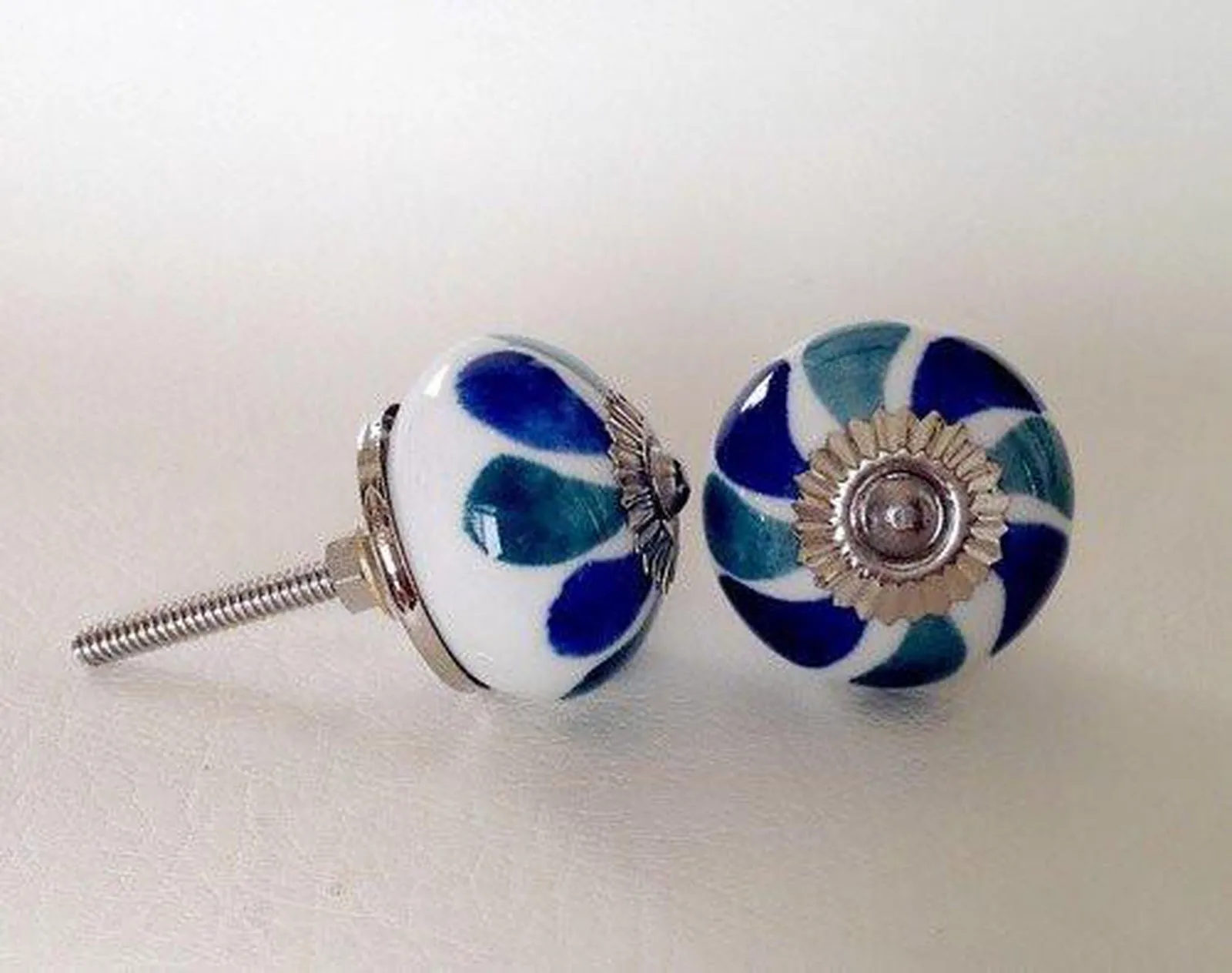 Teal / Blue Green on White Porcelain Cabinet Knobs Drawer Handles 1.50 Inch