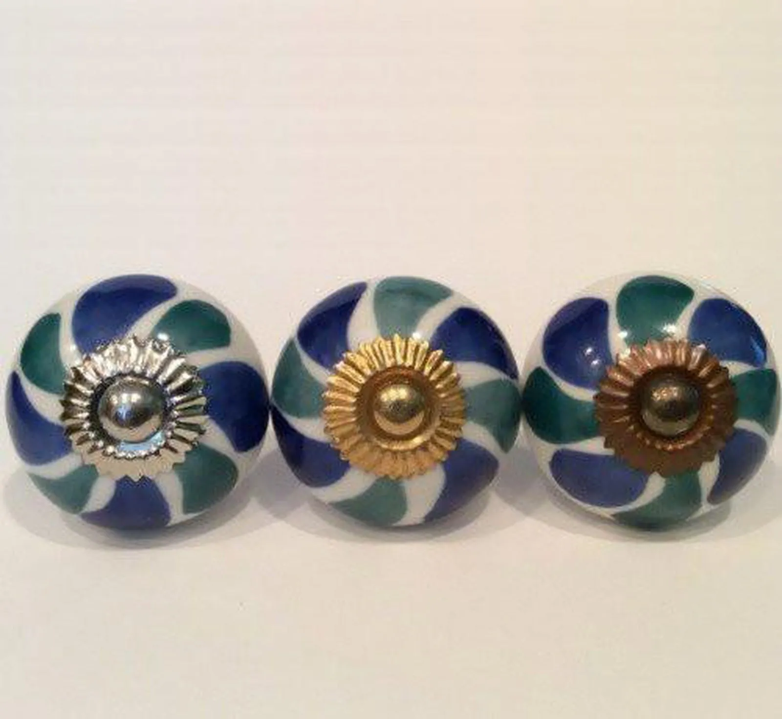 Teal / Blue Green on White Porcelain Cabinet Knobs Drawer Handles 1.50 Inch
