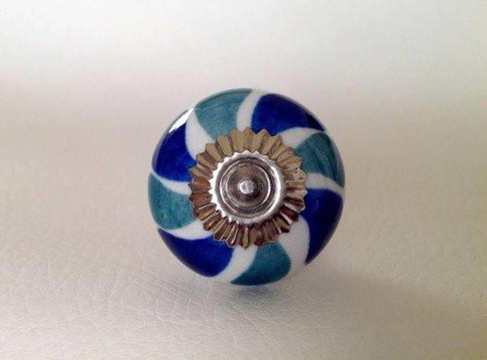 Teal / Blue Green on White Porcelain Cabinet Knobs Drawer Handles 1.50 Inch