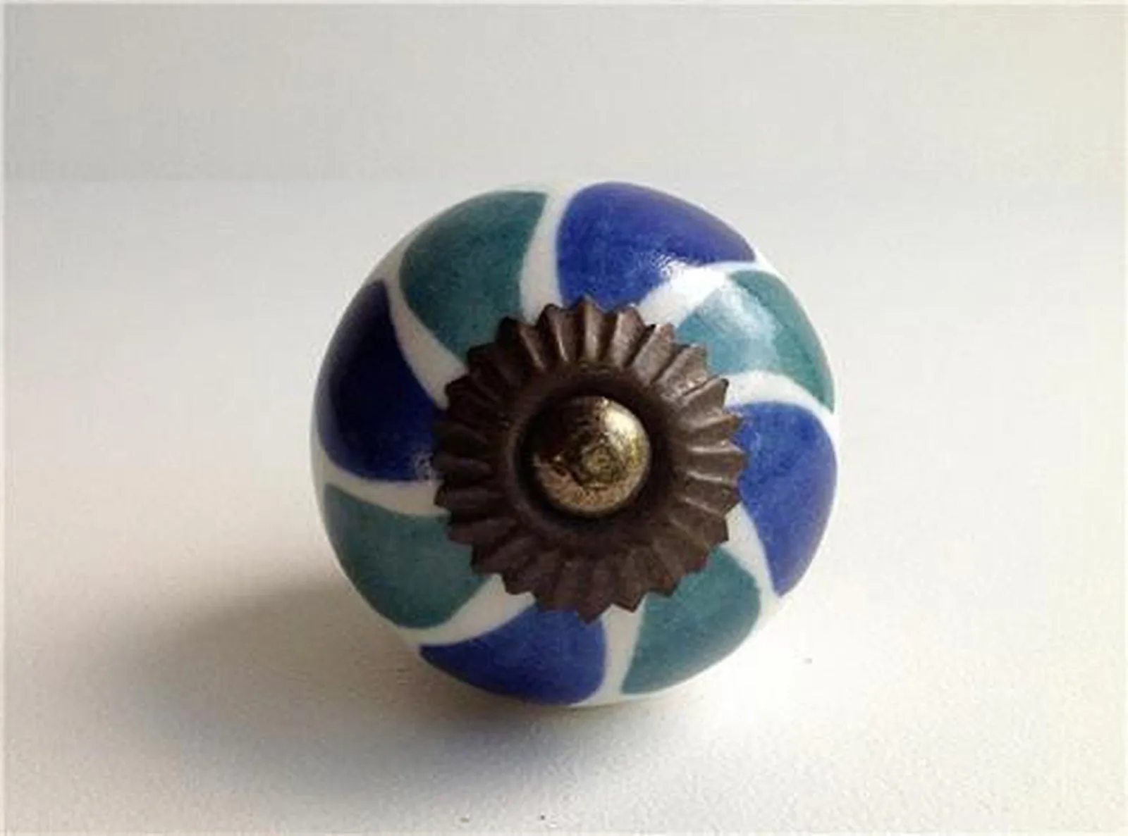Teal / Blue Green on White Porcelain Cabinet Knobs Drawer Handles 1.50 Inch