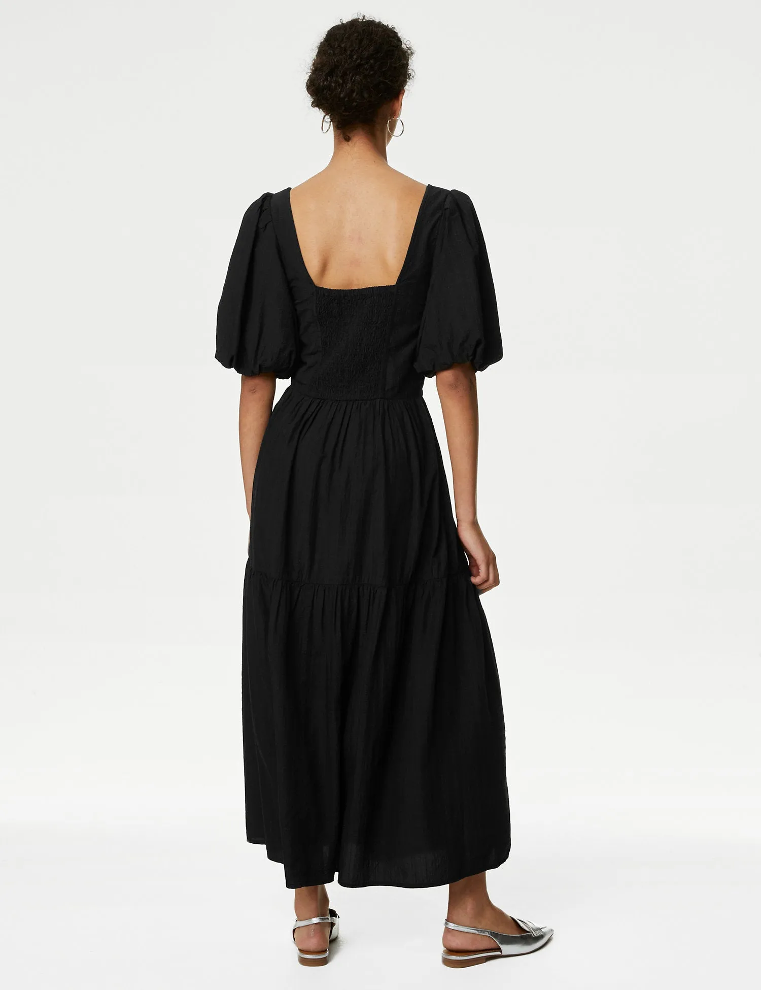Textured Square Neck Midi Tiered Dress