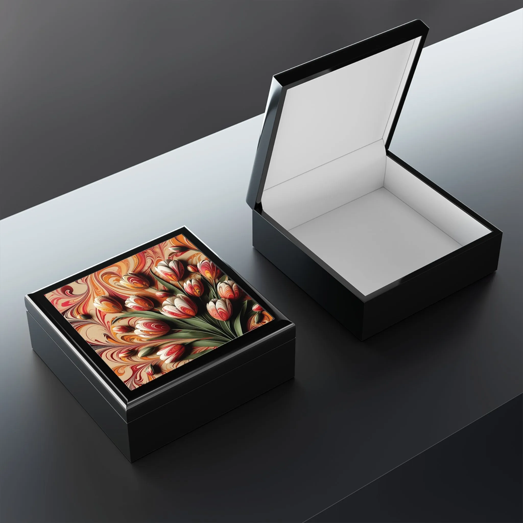 The art of marbling with tulip patterns in colorful and vivid colors Jewelry Box