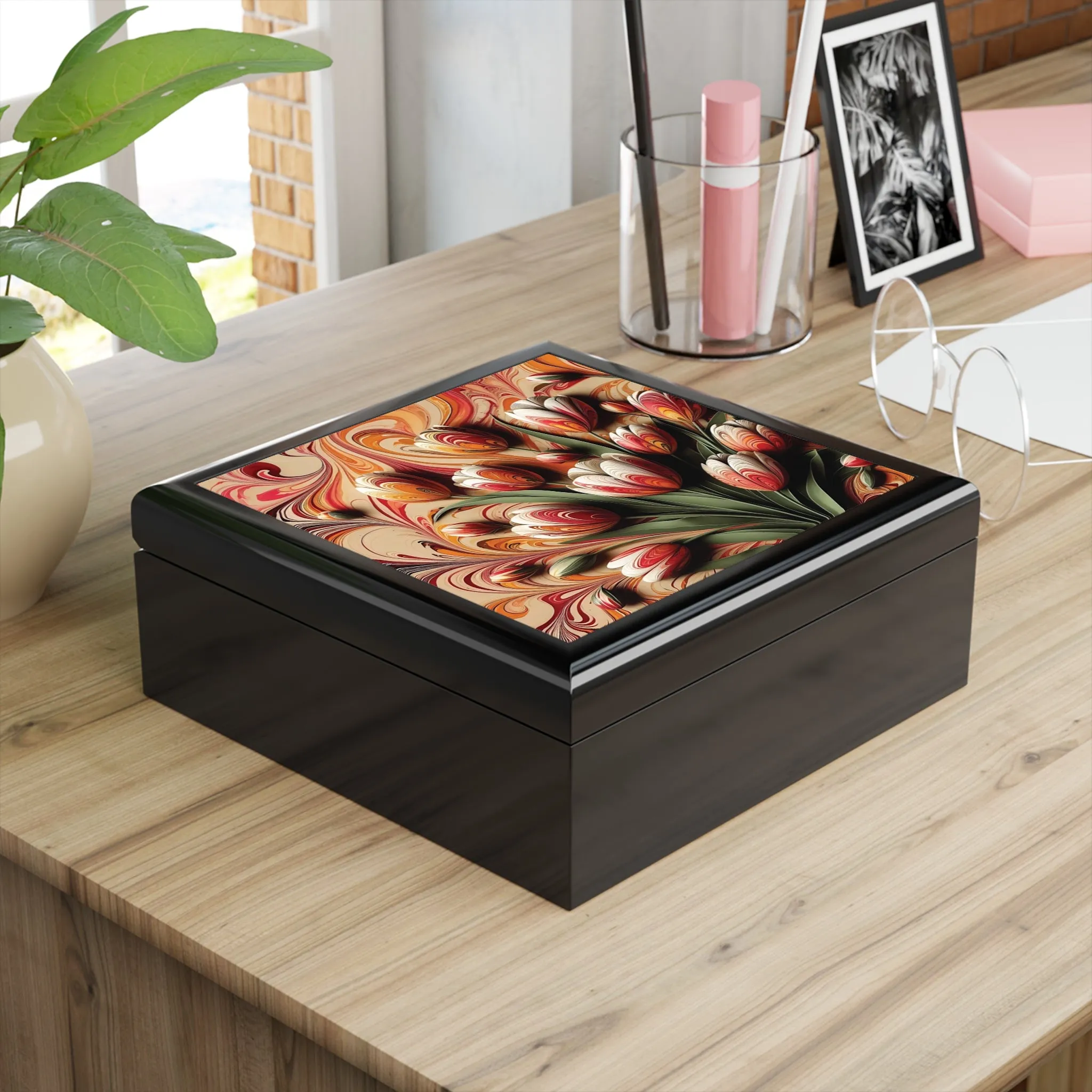 The art of marbling with tulip patterns in colorful and vivid colors Jewelry Box