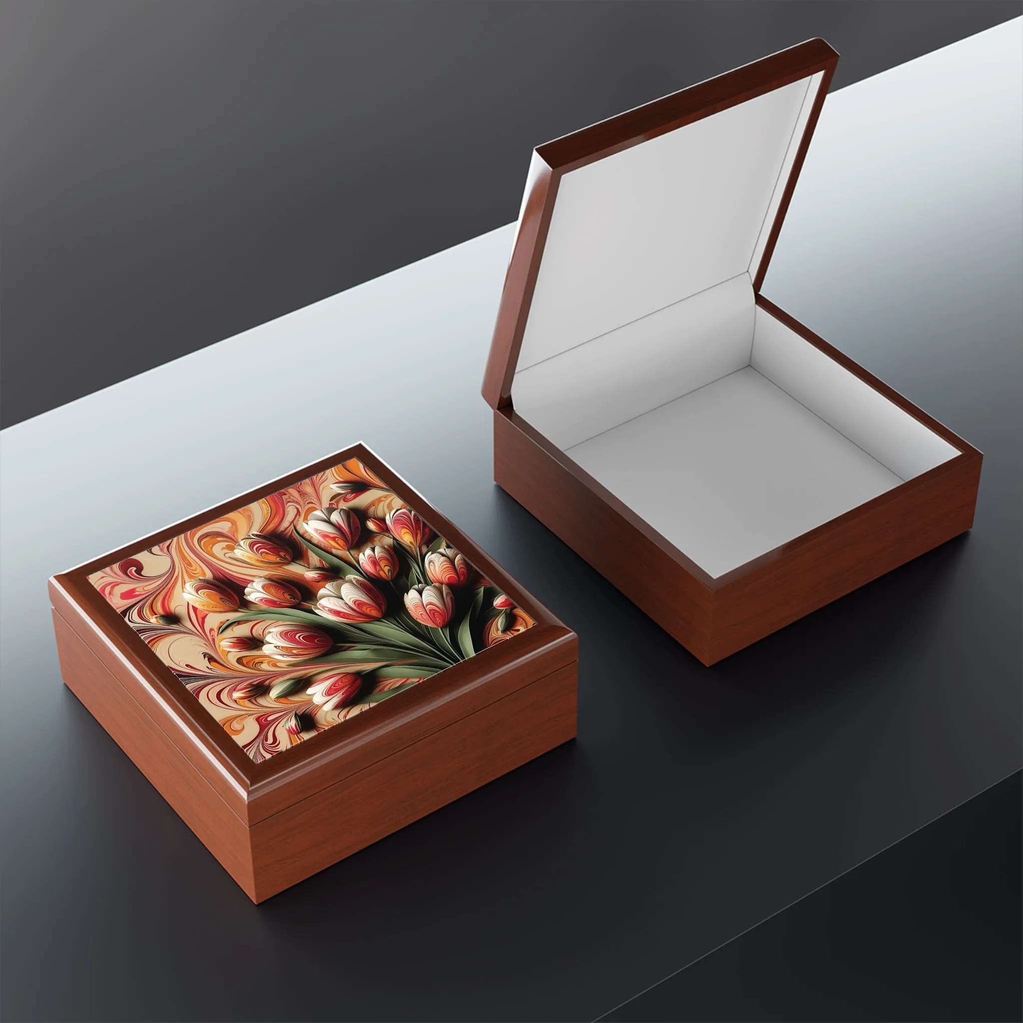 The art of marbling with tulip patterns in colorful and vivid colors Jewelry Box