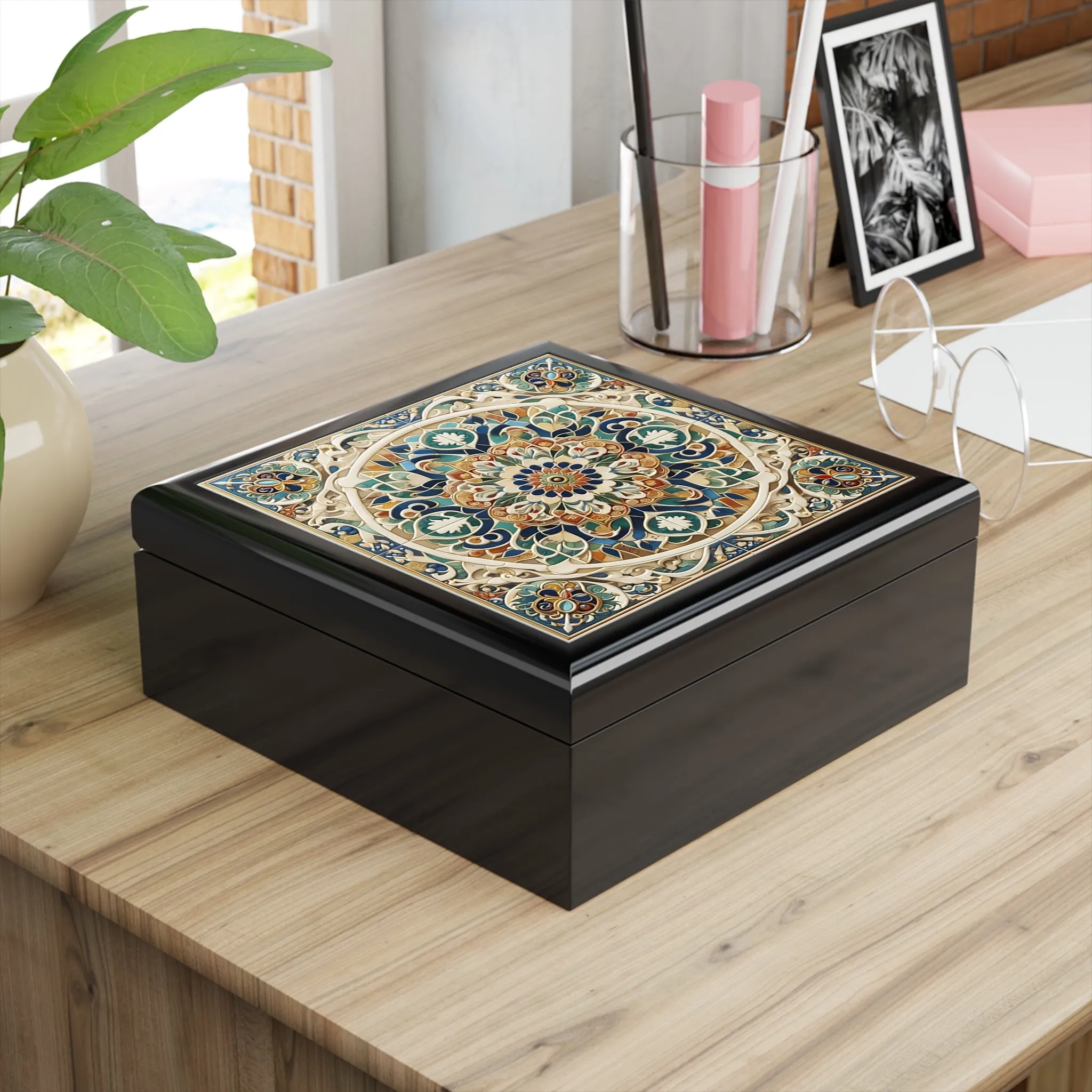 Traditional tile art pastel tones colorful Jewelry Box