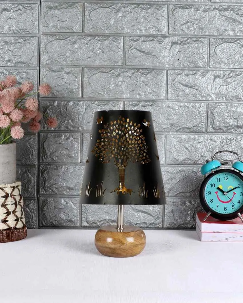 Tree Metal Etching Table Lamp With Natural Wood Round Base | 6 x 8 inches