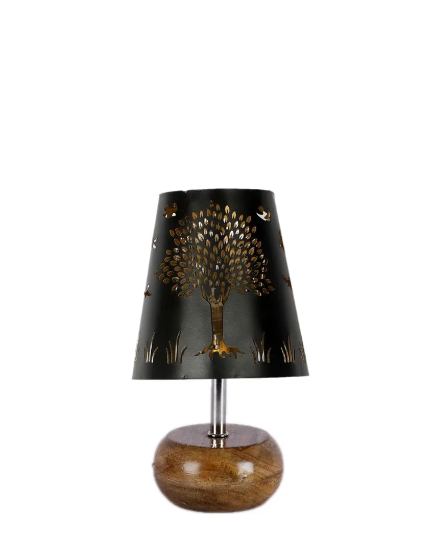 Tree Metal Etching Table Lamp With Natural Wood Round Base | 6 x 8 inches
