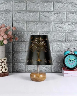 Tree Metal Etching Table Lamp With Natural Wood Round Base | 6 x 8 inches