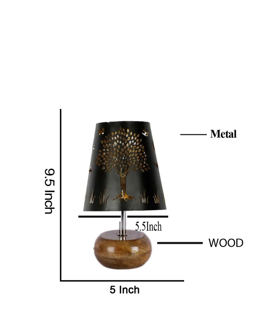 Tree Metal Etching Table Lamp With Natural Wood Round Base | 6 x 8 inches