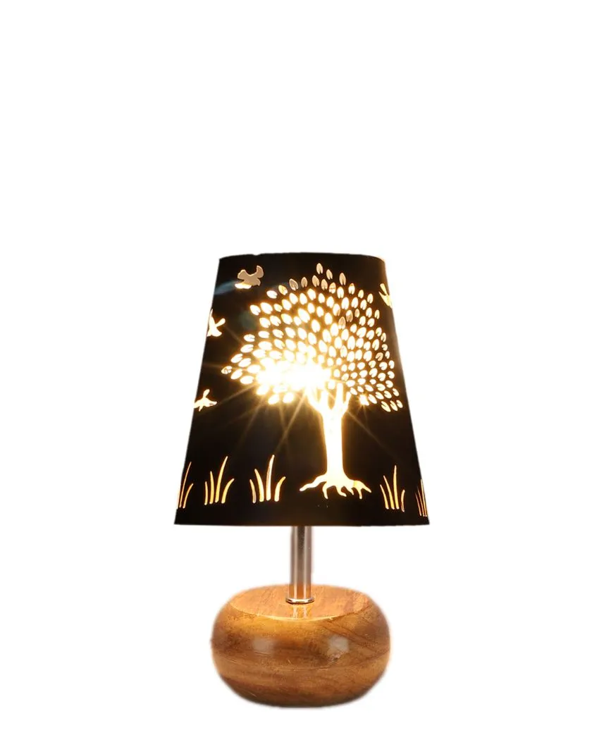 Tree Metal Etching Table Lamp With Natural Wood Round Base | 6 x 8 inches