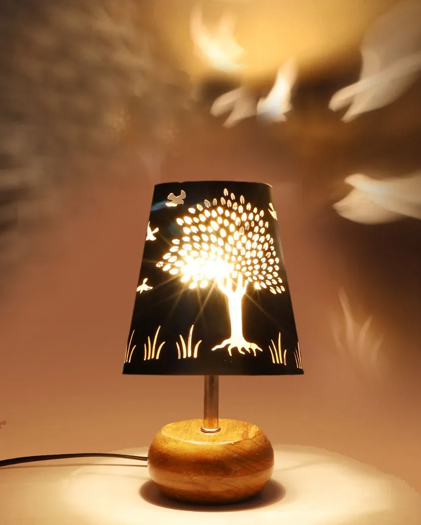 Tree Metal Etching Table Lamp With Natural Wood Round Base | 6 x 8 inches
